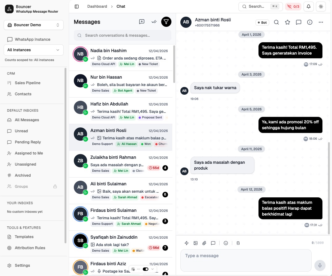 Bouncer Team Inbox — shared sidebar, conversation list, and a live WhatsApp thread with assignment and pipeline statuses.
