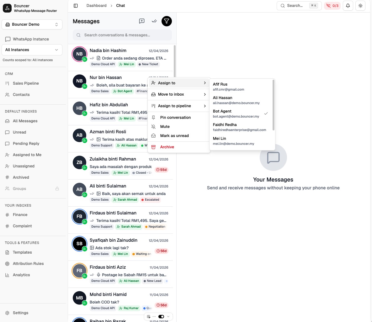 Bouncer Team Inbox — assigning a conversation to a teammate via the Assign to menu.