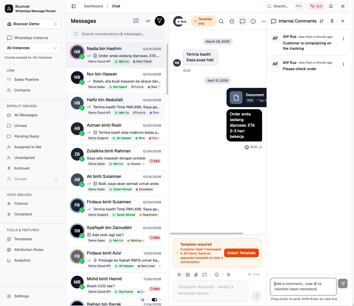 Bouncer Team Inbox — Internal Comments panel where teammates leave notes on a live conversation.